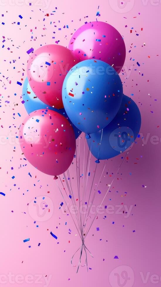 Colorful balloons floating with confetti on a pink background for a festive celebration photo