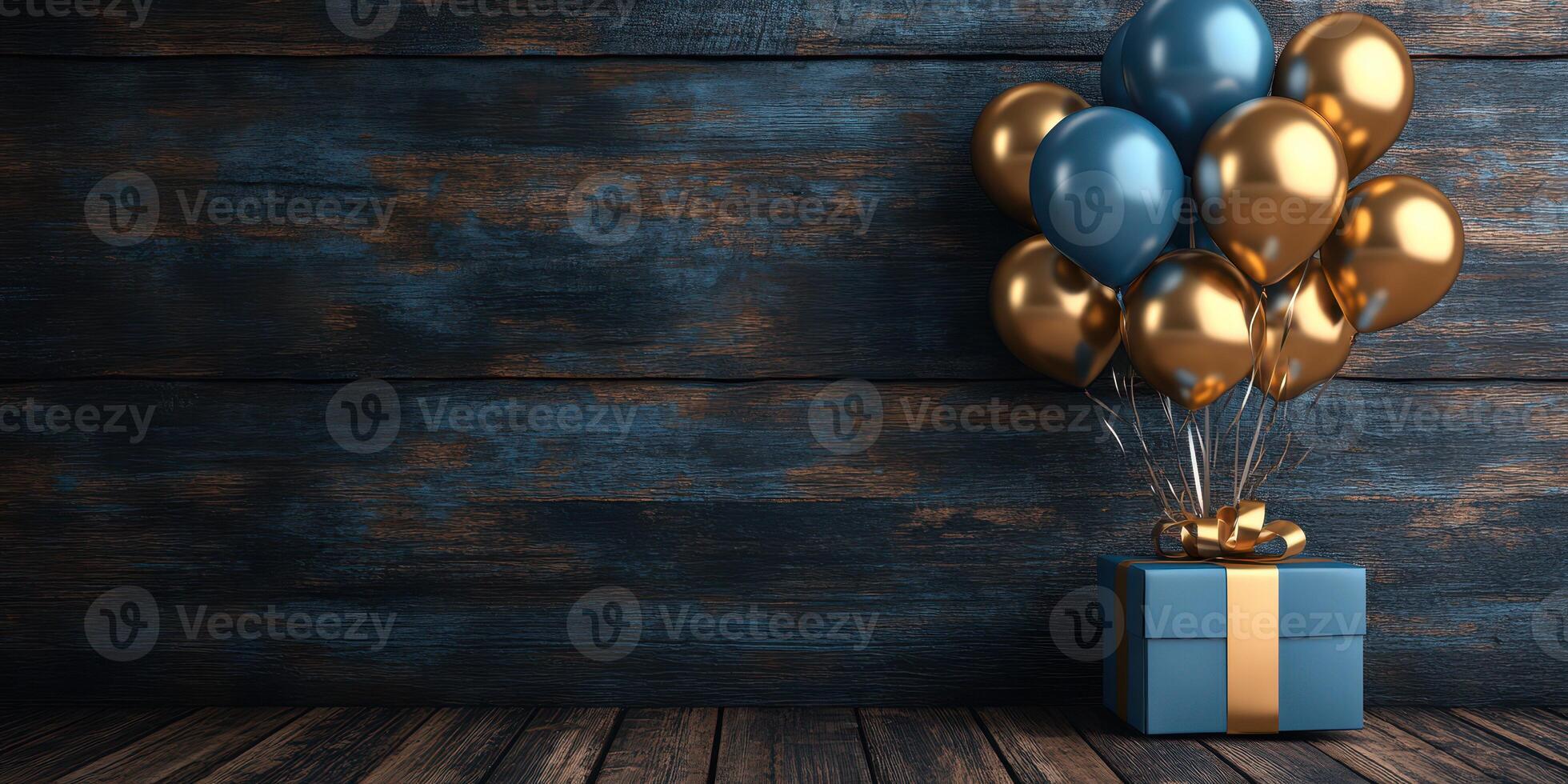 Celebratory balloons and a gift box decorated in gold and blue on a rustic wooden background for a festive occasion photo