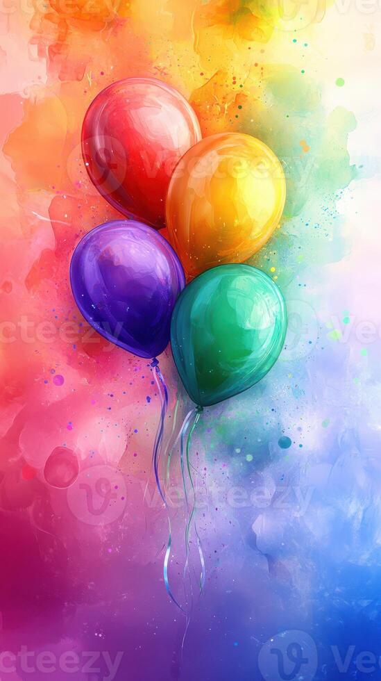 Brightly colored balloons float against a vibrant, abstract watercolor background showcasing a cheerful celebration mood photo