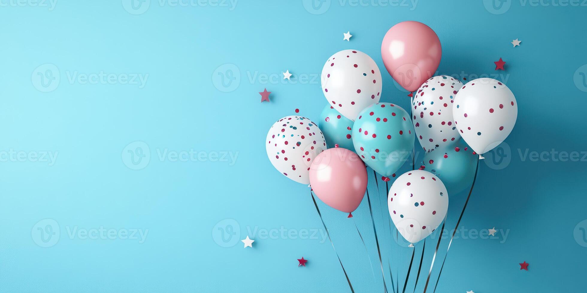 Colorful balloons with confetti floating against a bright blue backdrop for a festive celebration photo