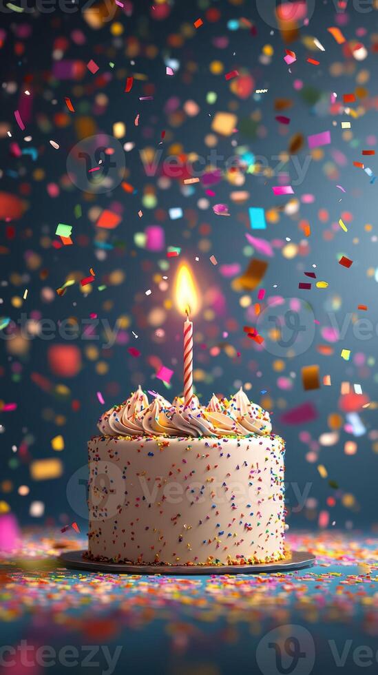 Colorful birthday cake with a lit candle surrounded by confetti celebrating a joyful occasion photo