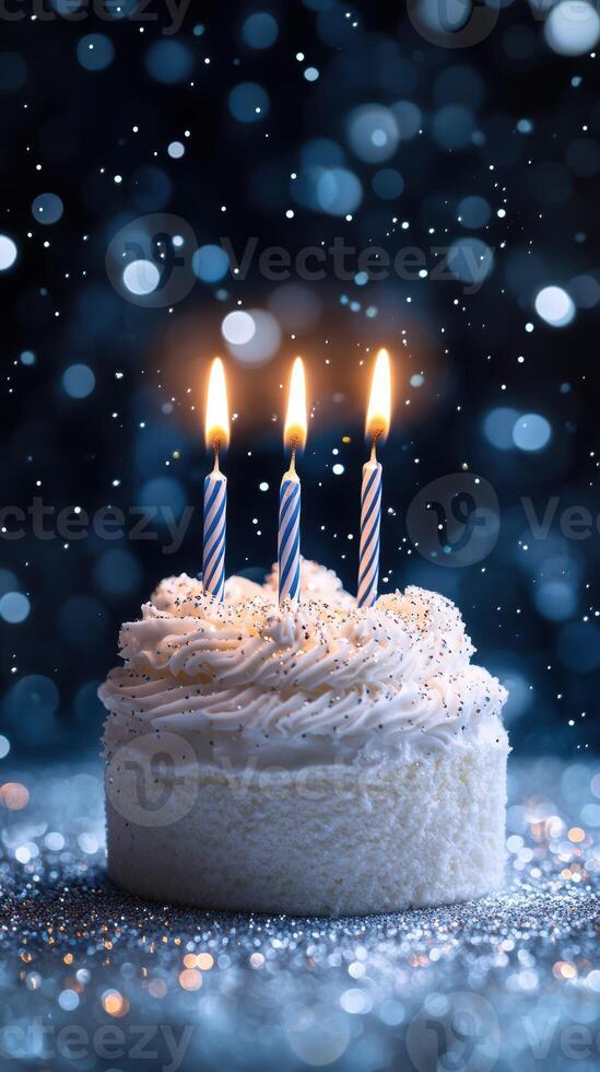 Celebration of life with a cake adorned with candles glowing amidst shimmering bokeh lights in a festive atmosphere photo