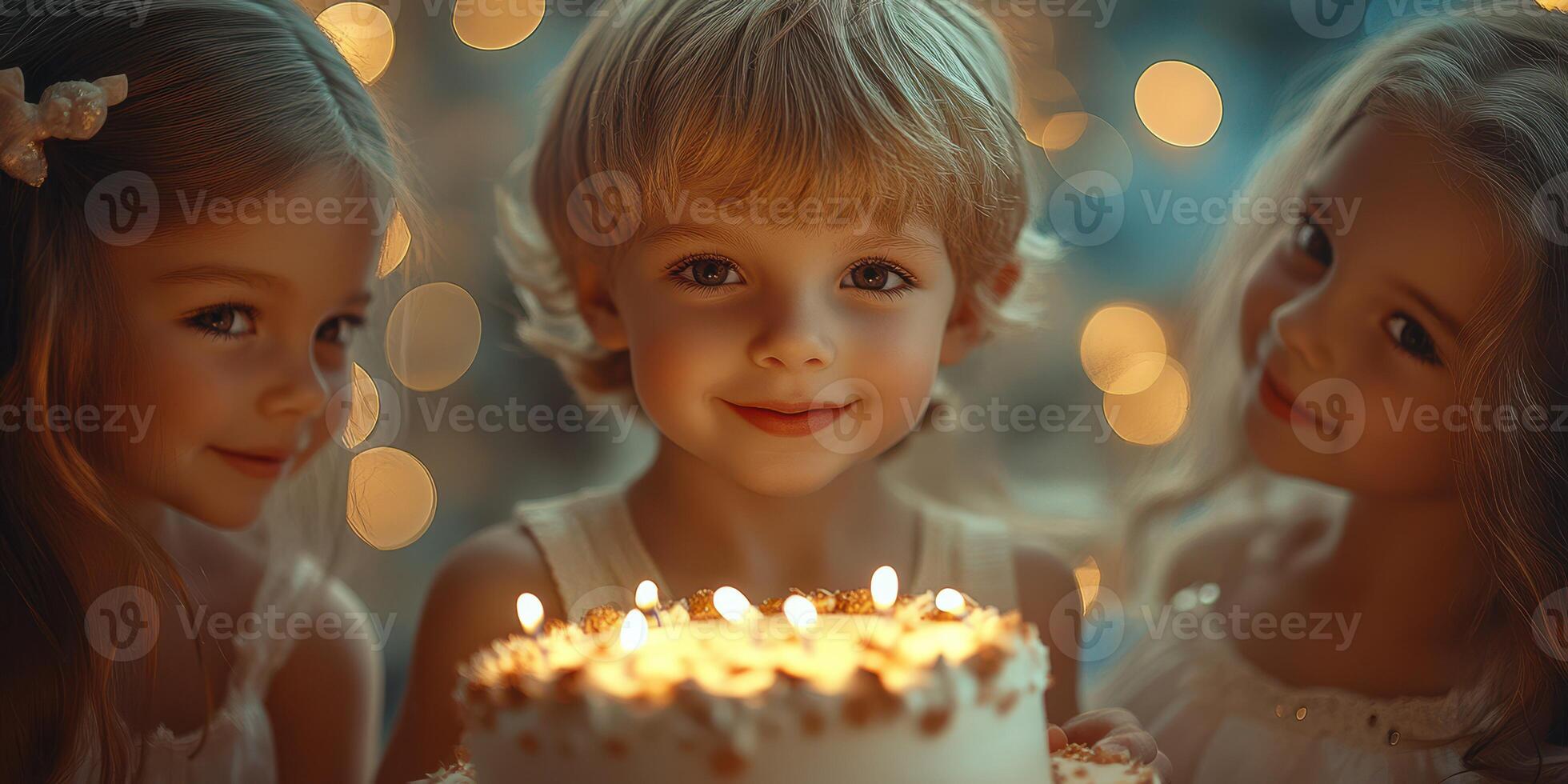 Celebrating a birthday with a joyful child and doll companions in a warmly lit atmosphere photo