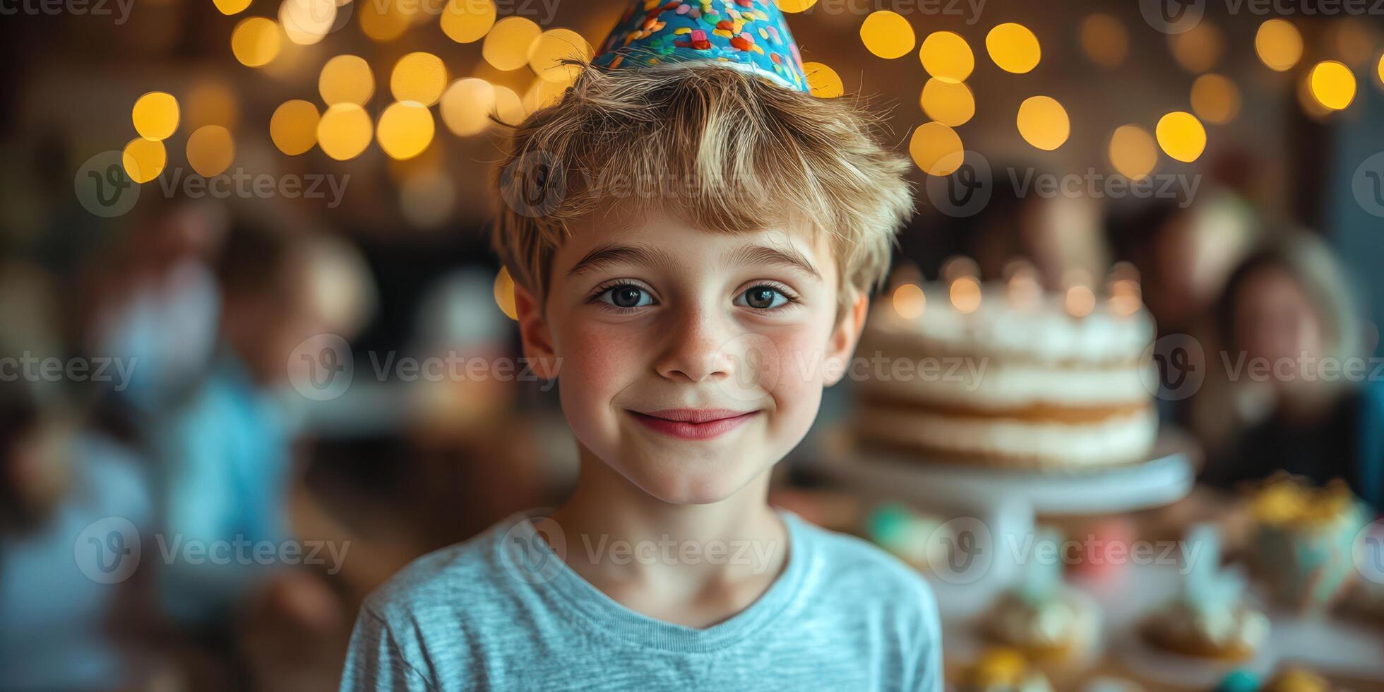 Young boy celebrates birthday at a lively party with colorful decorations and joyful guests in the background photo