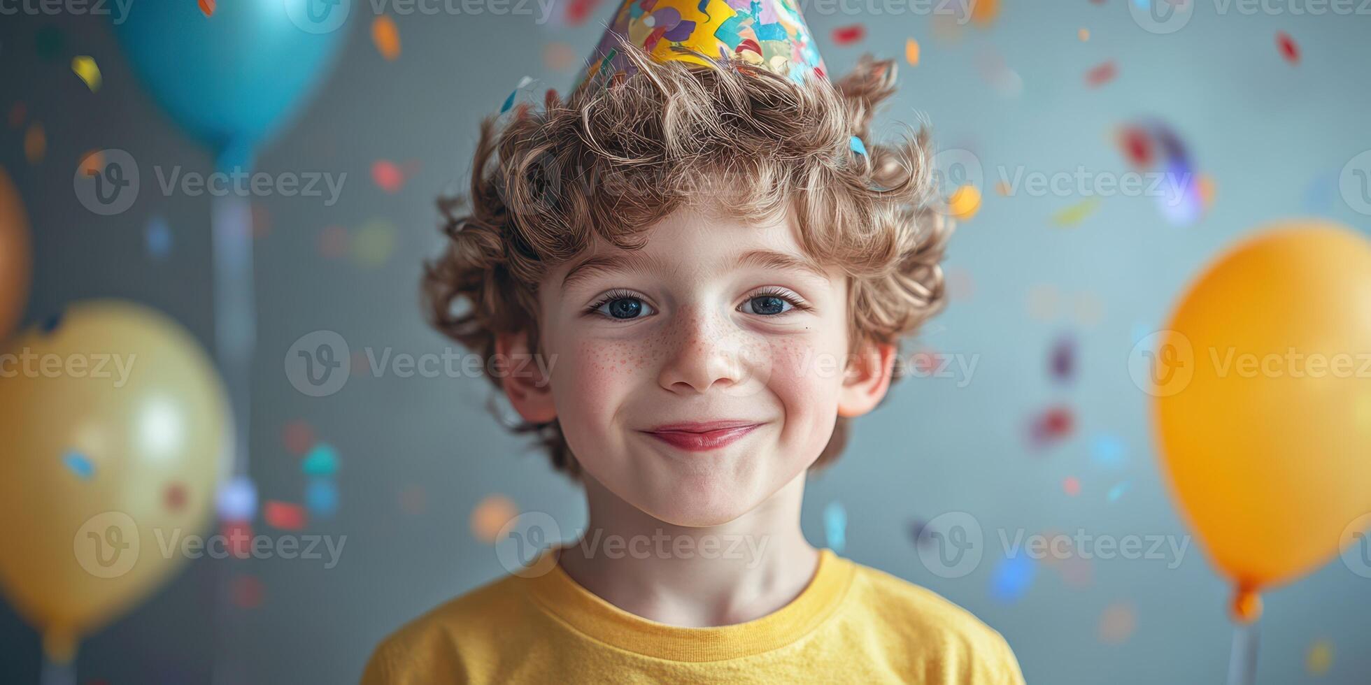Smiling child celebrates birthday with colorful balloons and festive party hat in cheerful atmosphere photo
