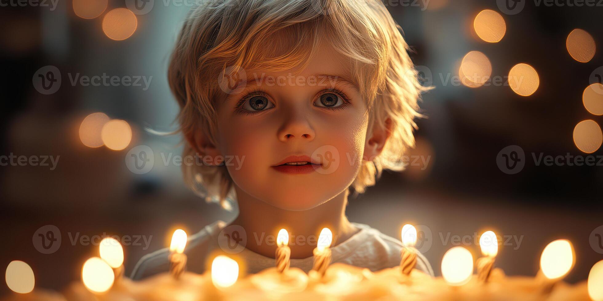 Child gazes in wonder at birthday cake surrounded by glowing candles in a cozy celebration atmosphere photo