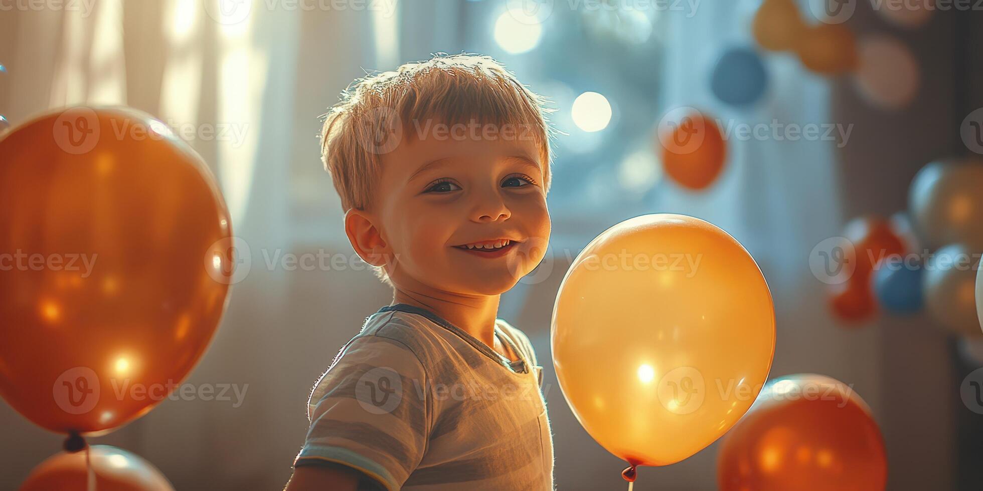 Child smiling joyfully while holding orange balloon at a birthday celebration in a brightly lit room with colorful decorations photo