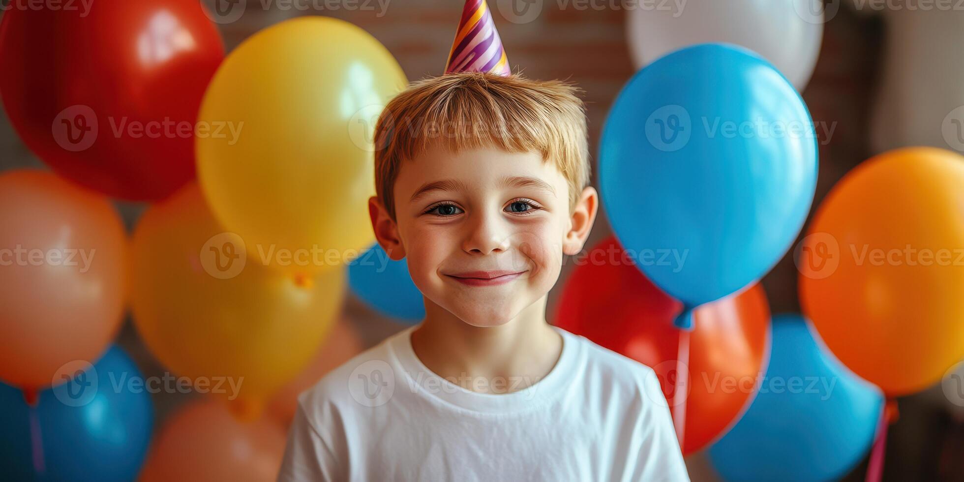 Young boy celebrates his birthday with colorful balloons and a party hat in a festive indoor setting photo
