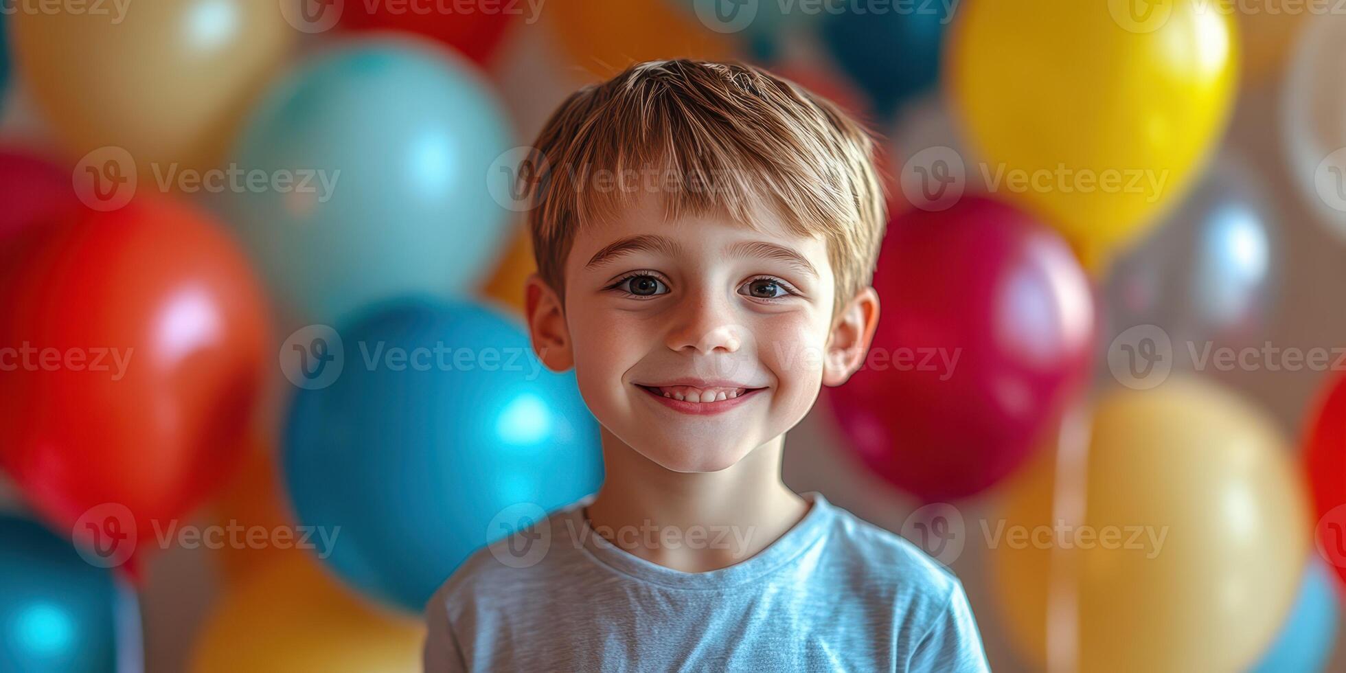 Happy young boy smiling in front of colorful balloons at a cheerful celebration photo