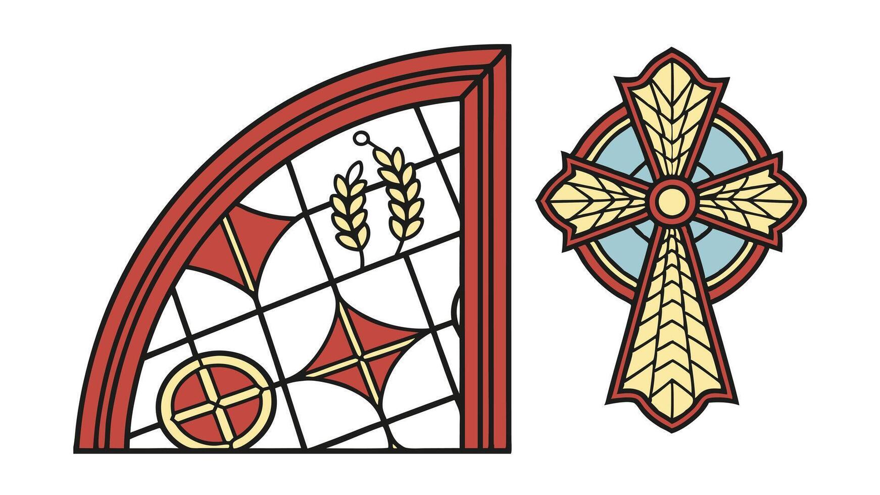 Stained Glass Window Design Religious Cross, Wheat, Geometric Patterns vector