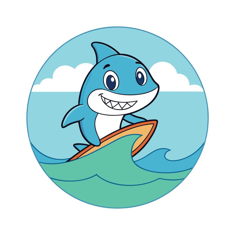 Happy Shark Surfing Ocean Waves Summer Fun Cartoon Illustration vector