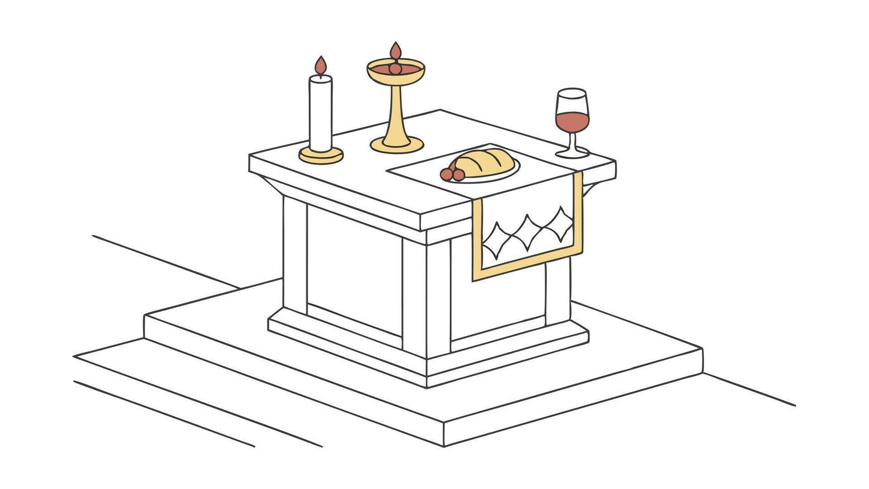 Holy Communion Altar Isometric Drawing of Bread, Wine, Candles vector