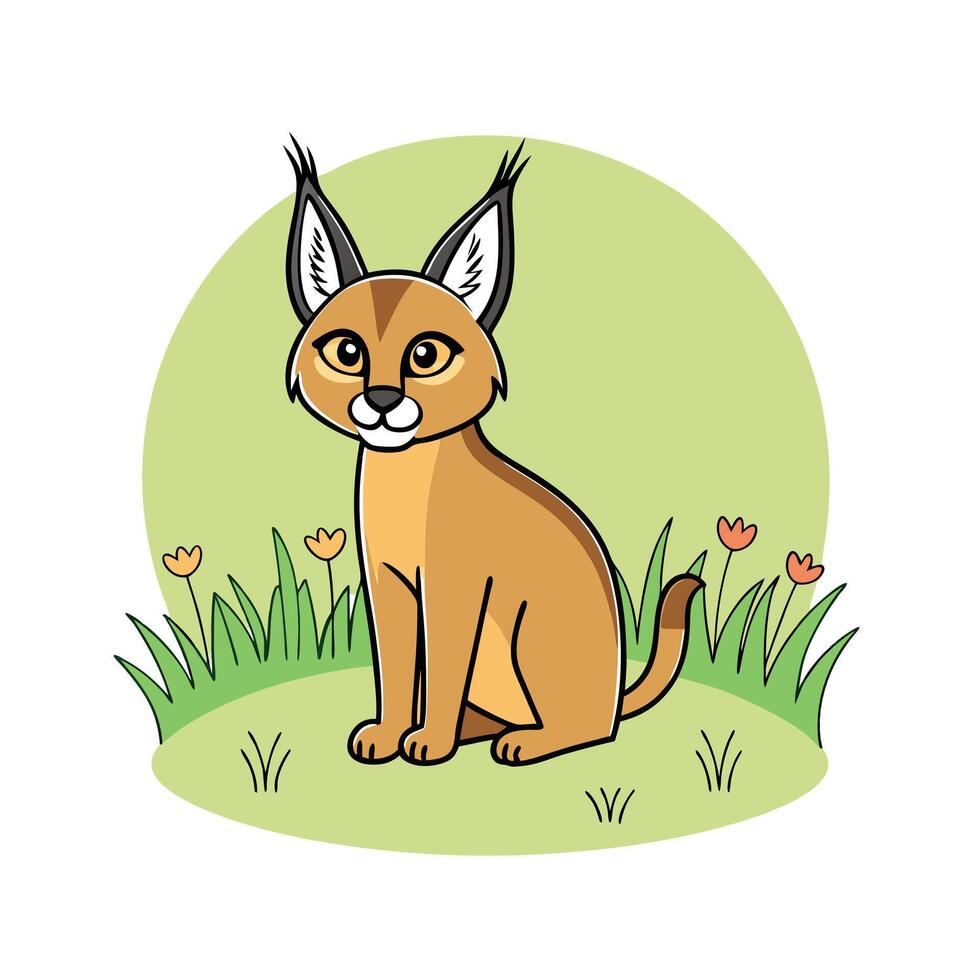Adorable Caracal Kitten Illustration Wildcat in Meadow vector
