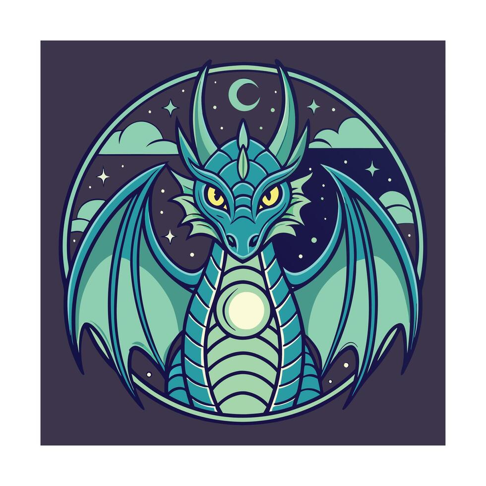 Mystical Teal Dragon Night Sky Celestial Wings Art Design vector