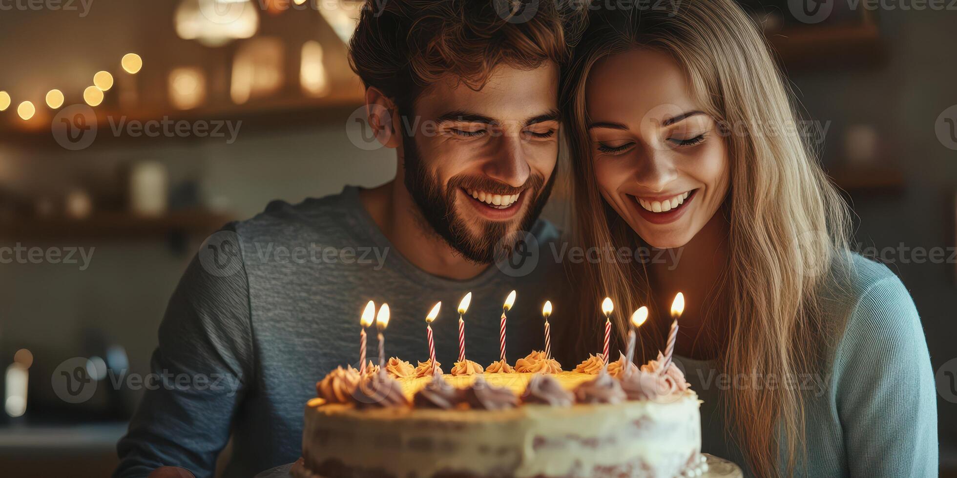 Couple celebrating a birthday with a cake and candles in a cozy setting during the evening photo