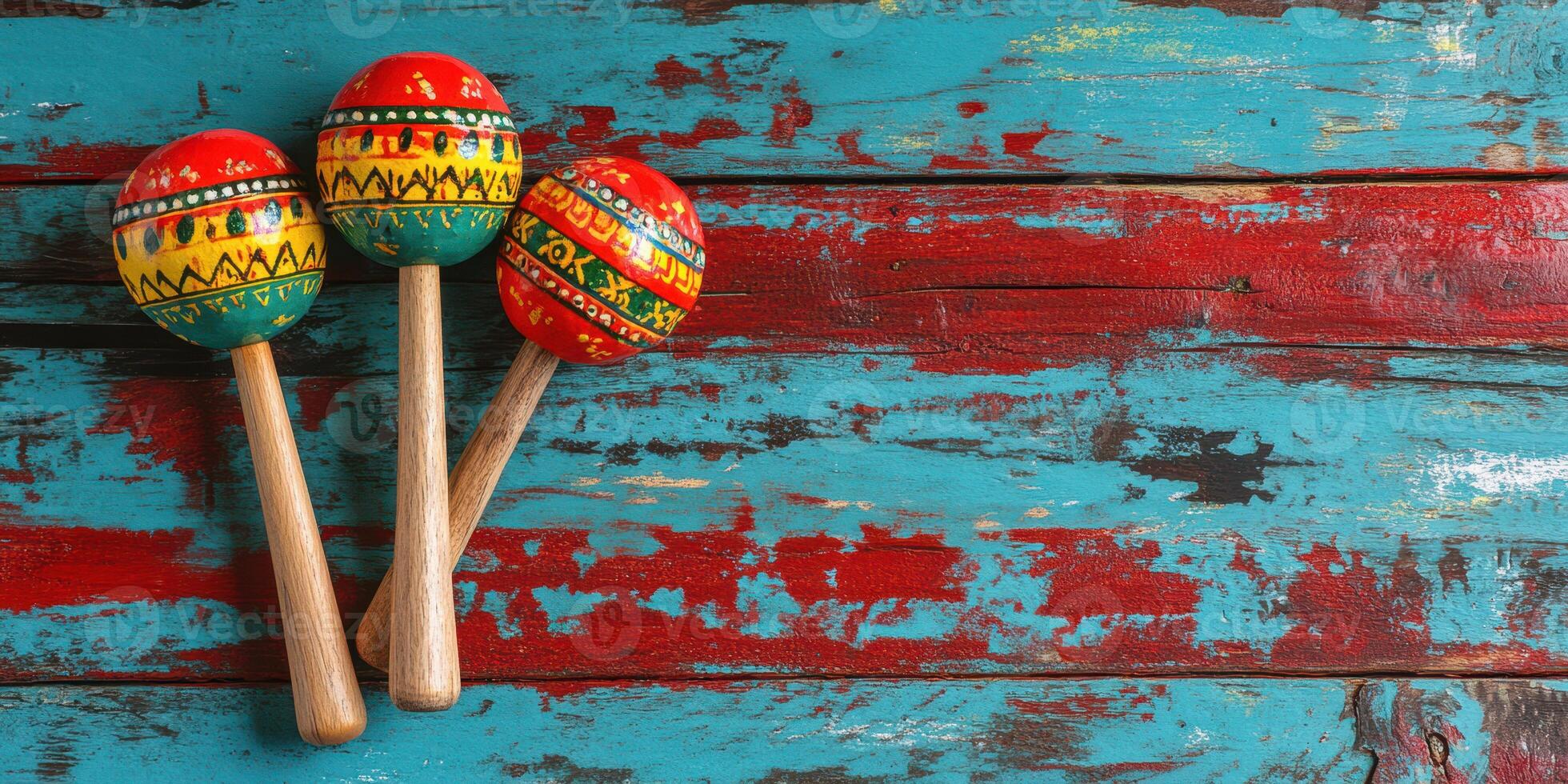 Colorful wooden maracas arranged on a vibrant rustic table showcasing traditional craftsmanship photo