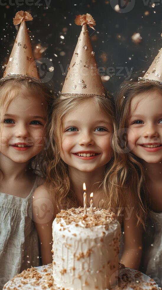 Three cheerful girls enjoy a birthday celebration with cake and festive hats in a joyful indoor setting photo