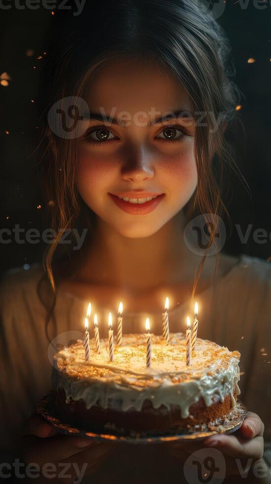 Girl celebrating her birthday with a cake adorned with candles in a softly lit environment at night photo