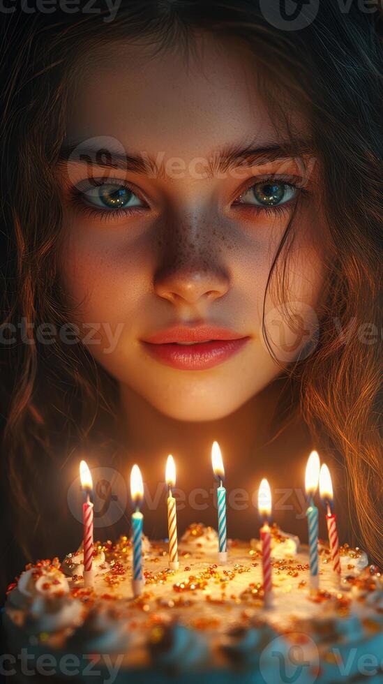 Young girl celebrating birthday with cake and candles in a warm glow near evening light photo