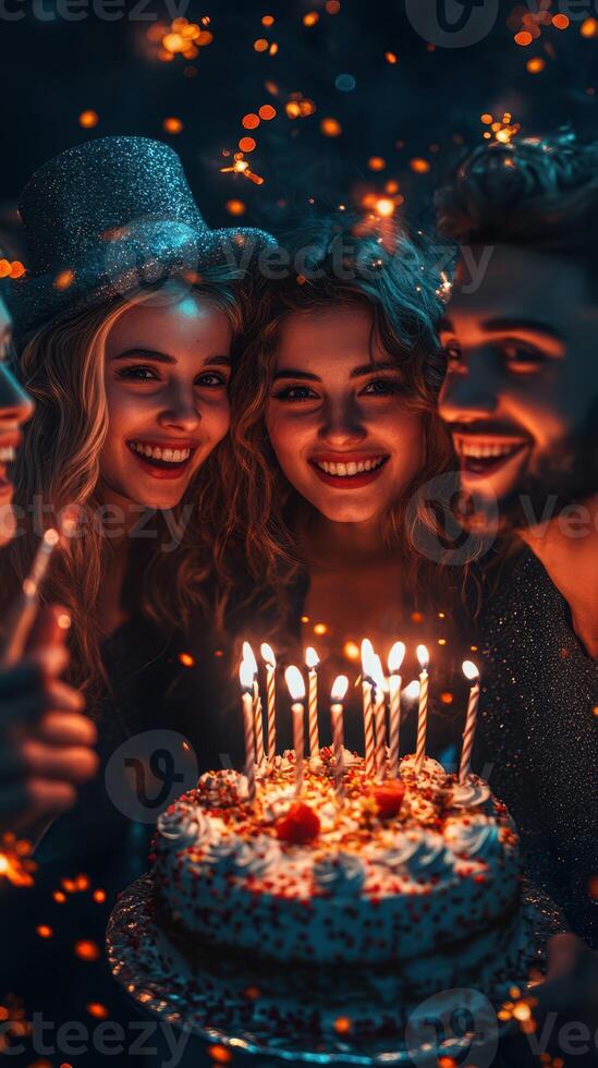 Friends celebrate a joyful birthday party with cake and candles in a festive atmosphere during the evening photo