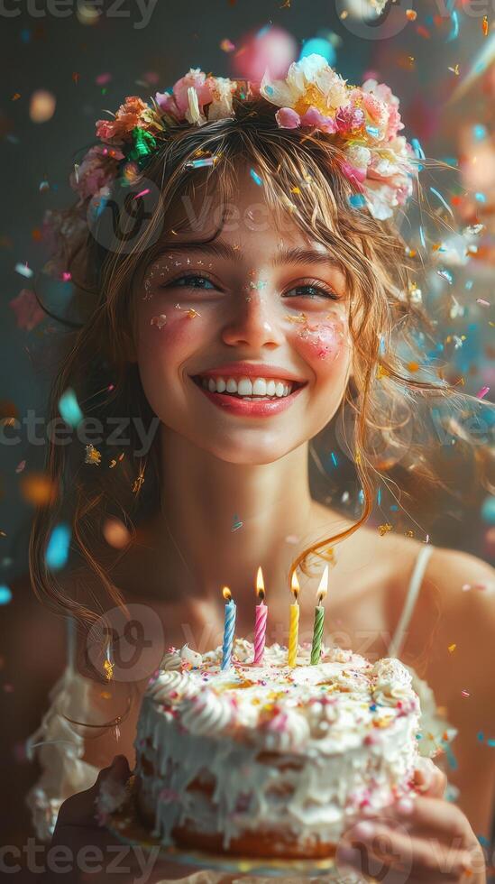 Celebrating a joyful birthday with colorful confetti and a delicious cake in a cheerful atmosphere photo