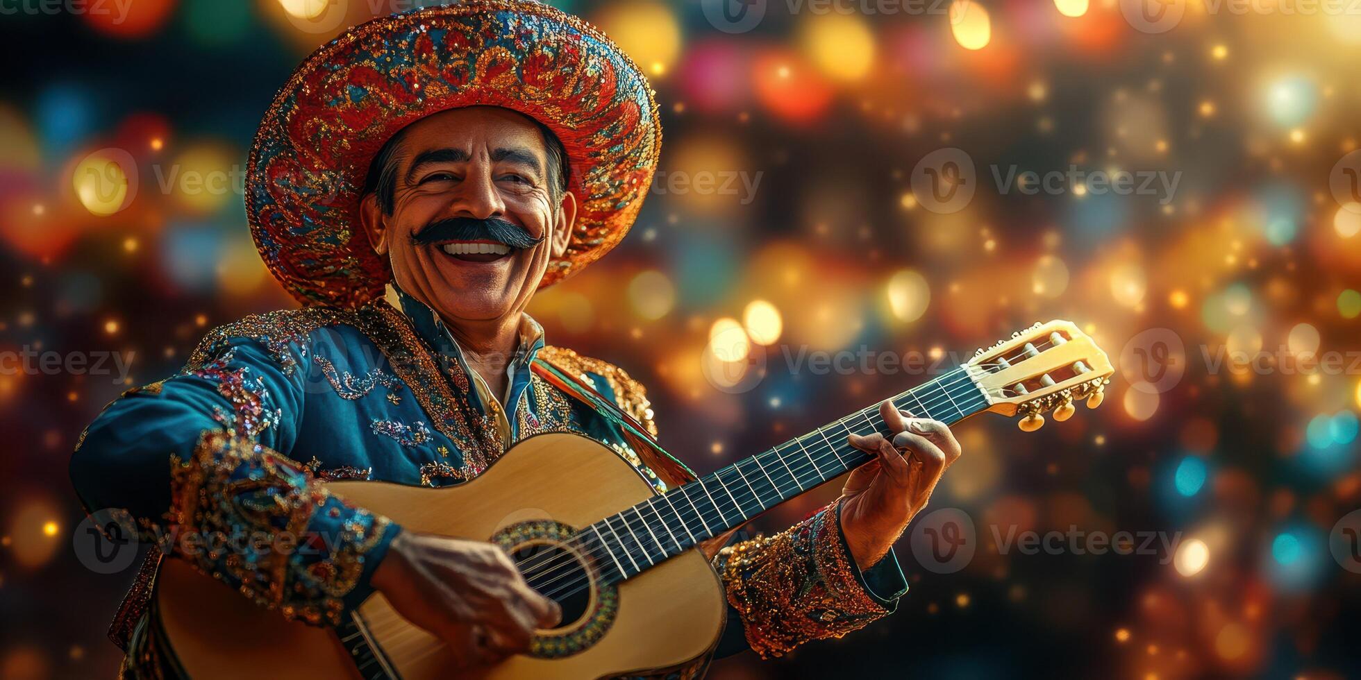 Celebrating music with a mariachi musician playing guitar at a lively festival in vibrant attire photo