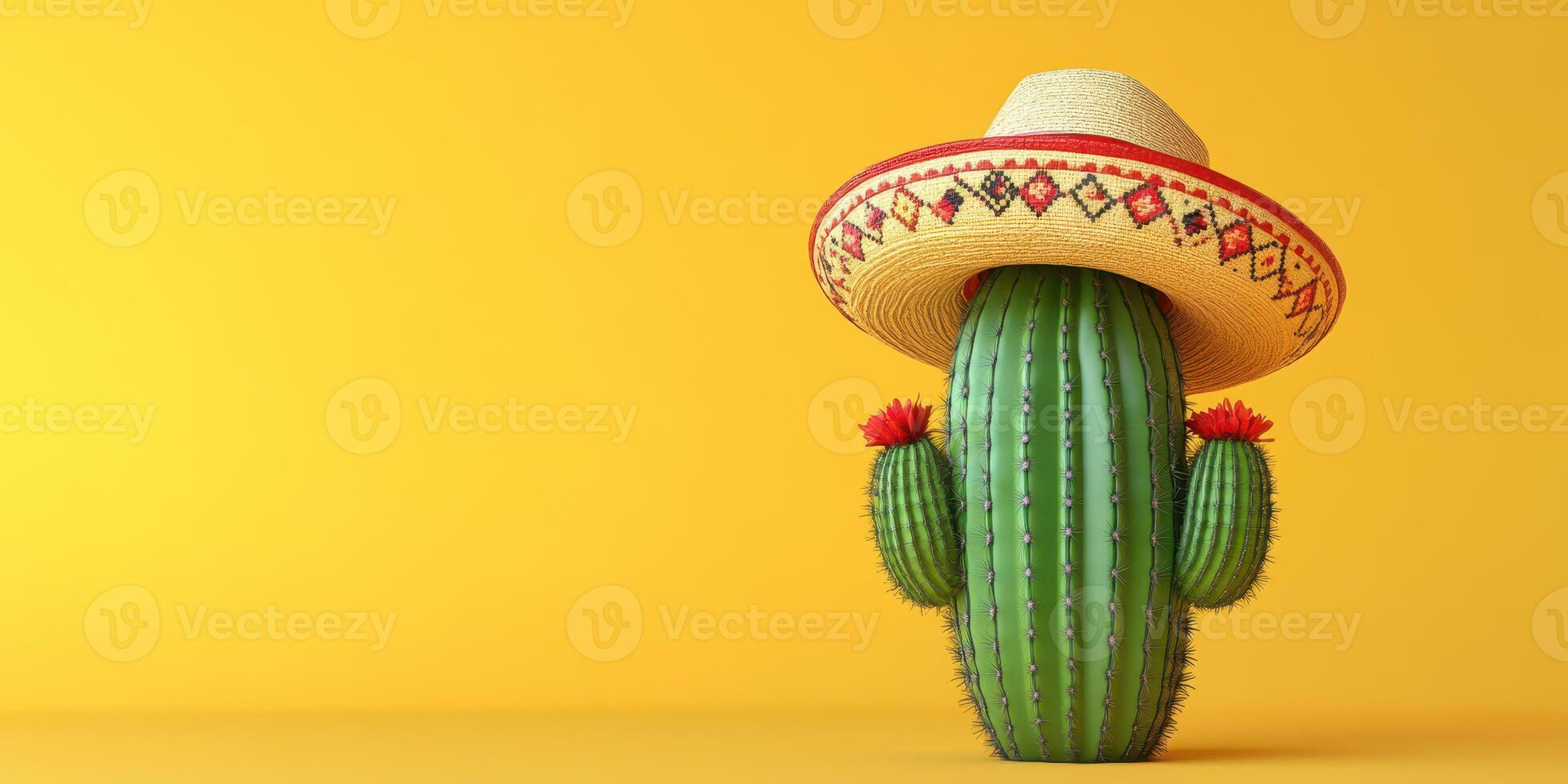 Cactus wearing a colorful sombrero with vibrant flowers against a bright yellow background photo