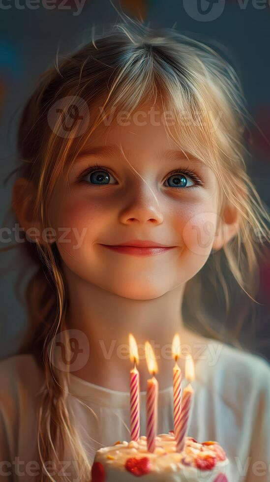 Smiling child celebrates birthday with candles on cake and joyful expression in cozy indoor setting photo