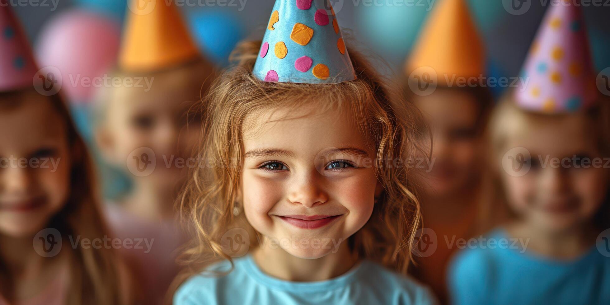Smiling girl wears party hat at cheerful birthday celebration with friends in the background photo