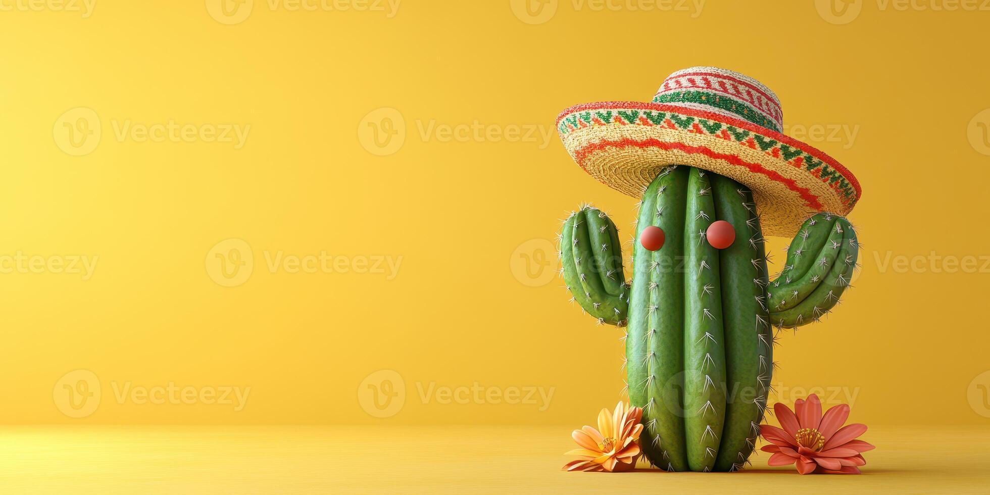 Colorful cactus wearing a sombrero and surrounded by vibrant flowers on a bright yellow background photo