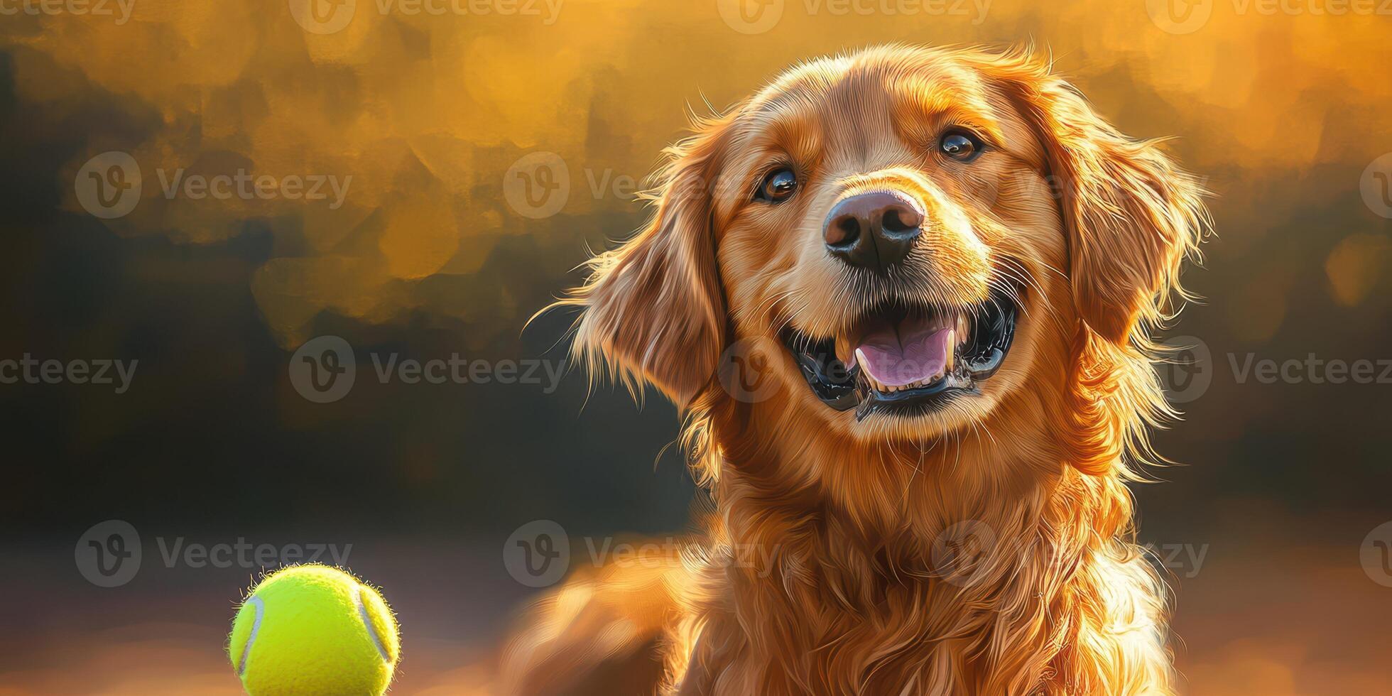 Happy golden retriever playing with a tennis ball in a sunlit park during autumn photo