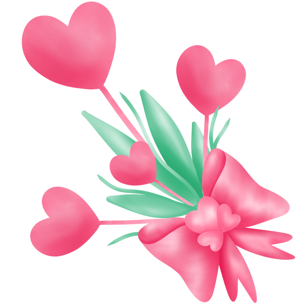 Heart shaped bouquet with cute bow and green leaves png