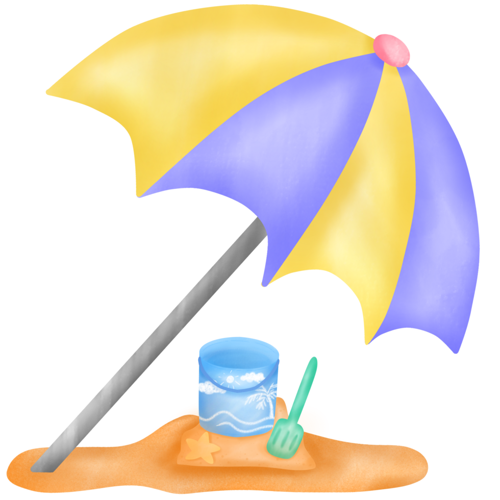 Colorful and Cute Beach Umbrella with Sand Pile and Beach Toys png