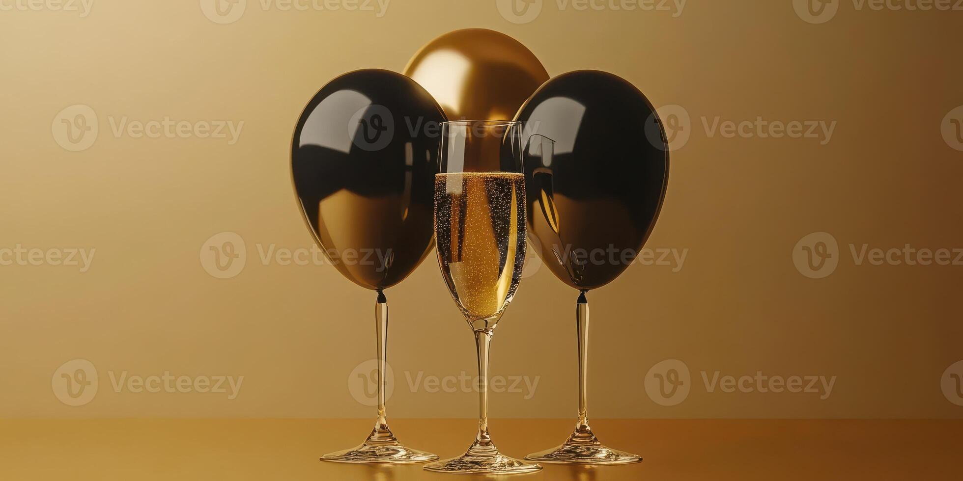Elegant black and gold celebration with balloons and champagne flutes on a golden background photo