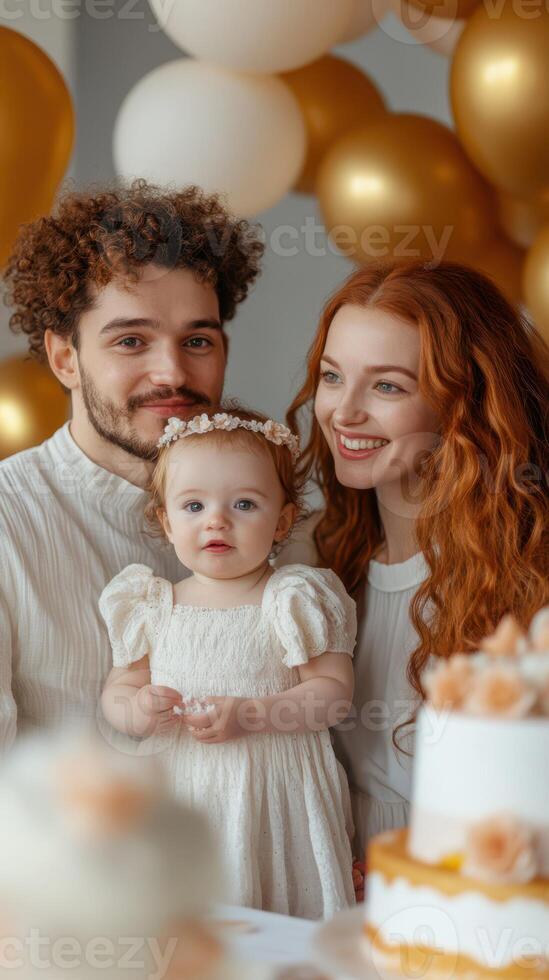 Family celebrates child's birthday with joyful expressions in a festive atmosphere adorned with balloons photo