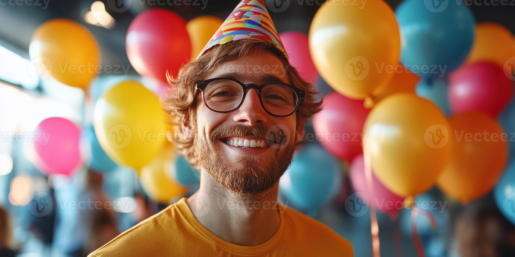 Joyful celebration with a smiling man wearing a party hat in a vibrant balloon-filled venue photo