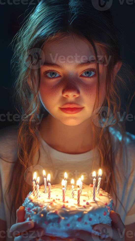 Girl with bright blue eyes holds a birthday cake adorned with lit candles in a dimly lit room photo