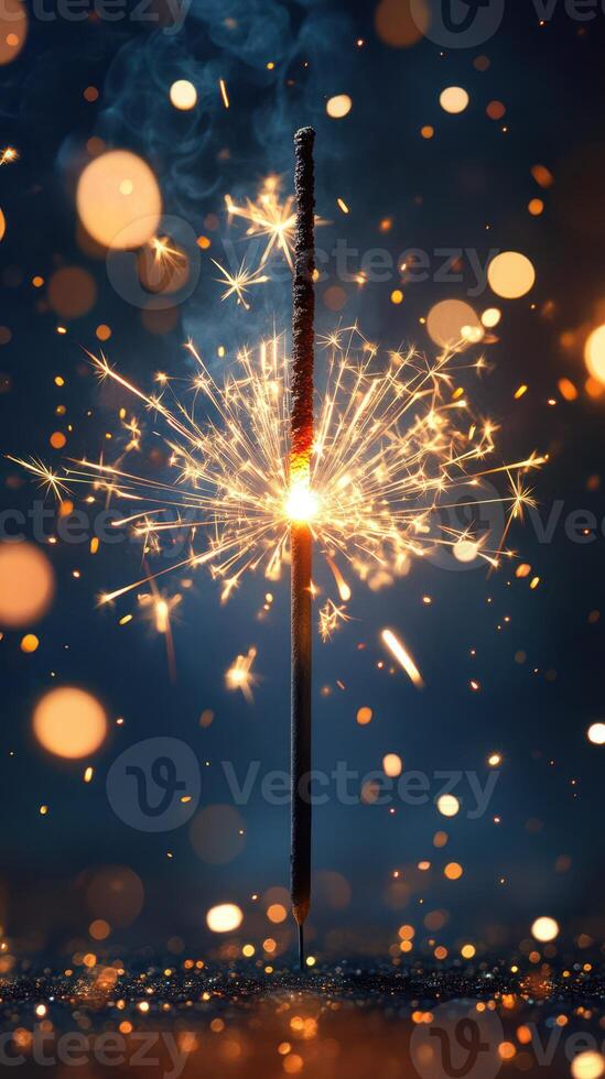 Sparkler illuminates a festive celebration with glowing sparks and vibrant bokeh atmosphere during nighttime photo