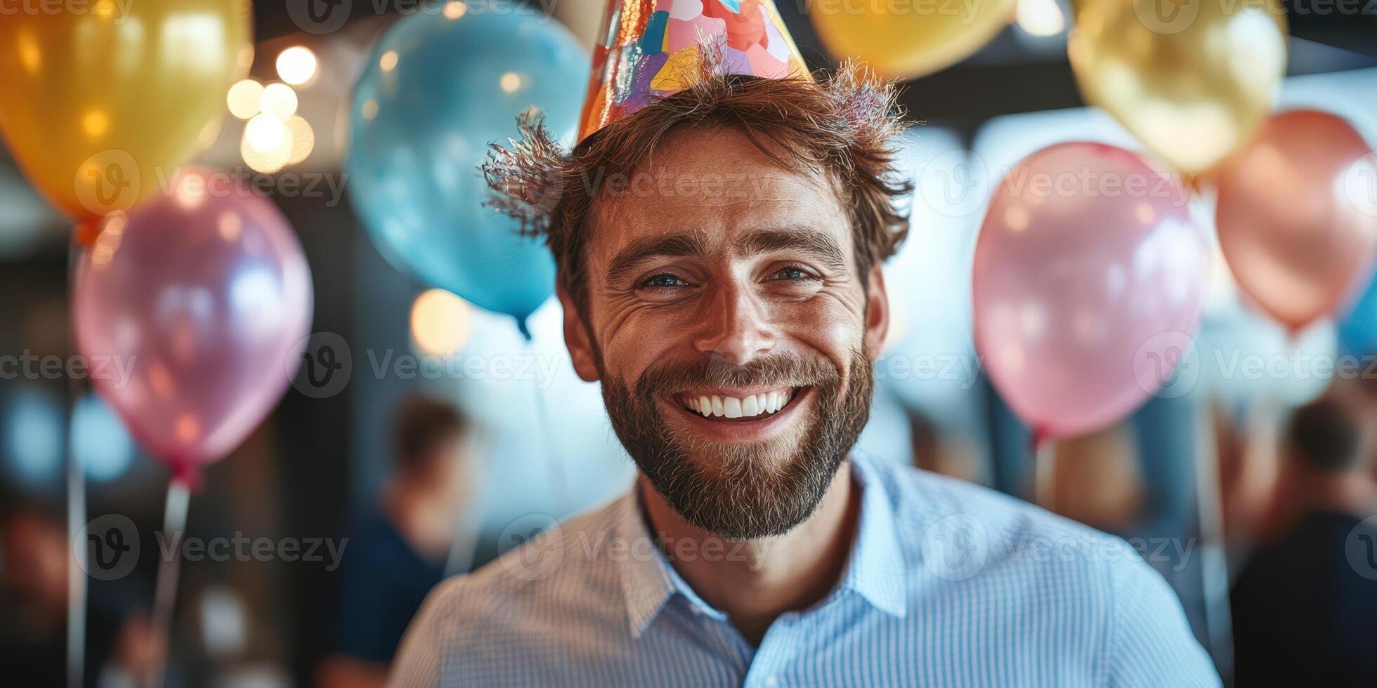 Joyful celebration at a festive gathering with colorful decorations and balloons in a lively indoor setting photo