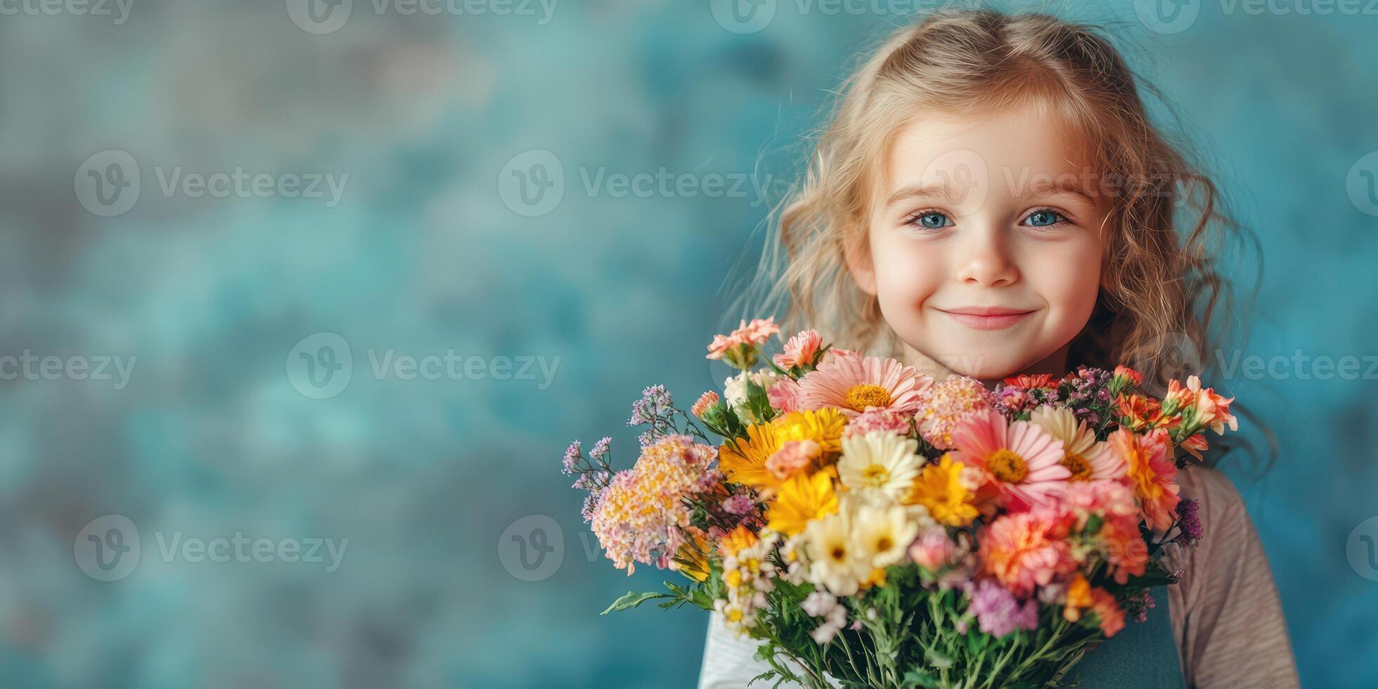 Young girl with bright blue eyes holds a bouquet of colorful flowers against a textured backdrop photo
