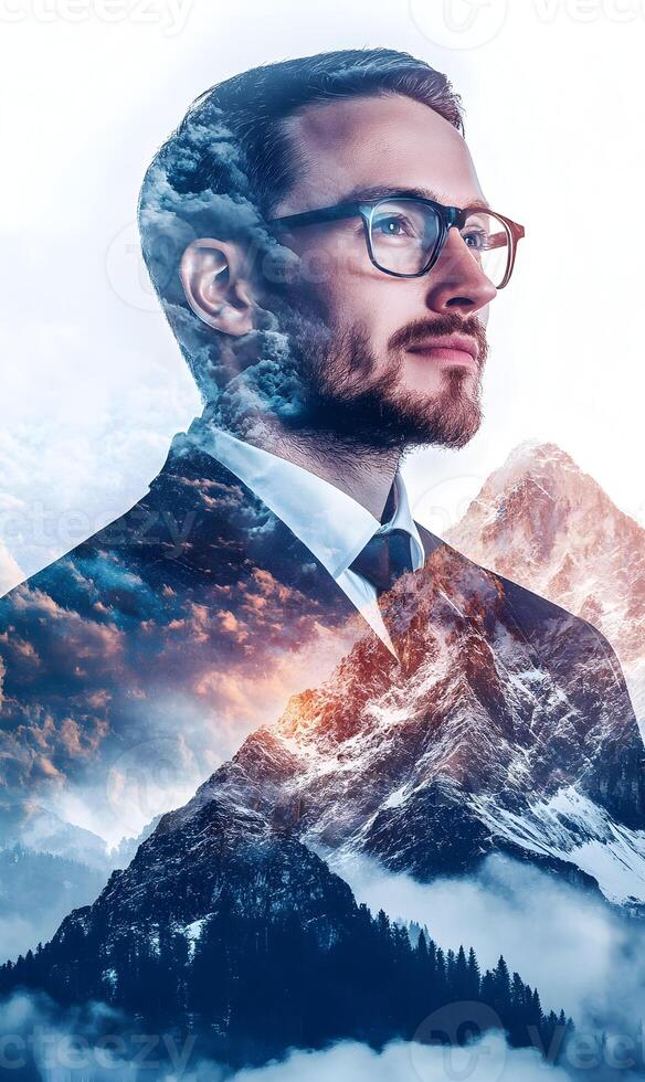 Visionary professional amidst a mountain landscape, showcasing leadership and ambition concept photo