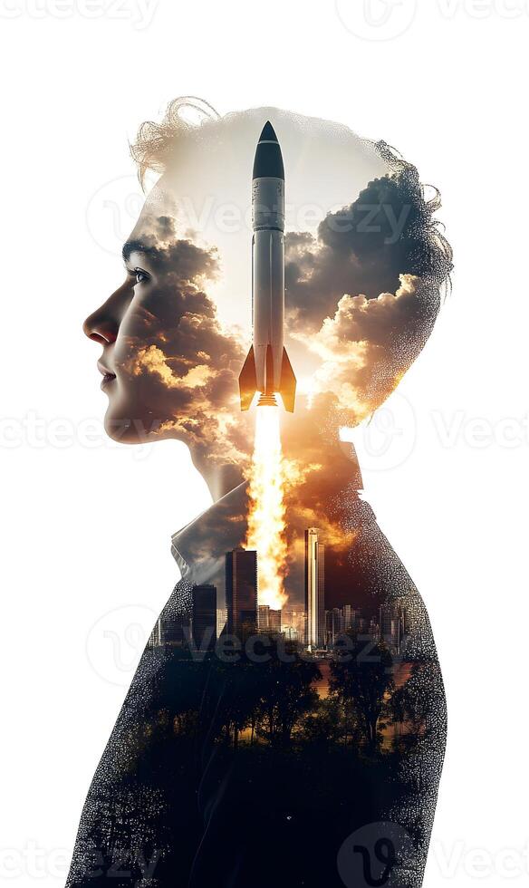 Contemplate Ambition Depicted in Silhouette of Person with a Rocket Launch Overlay photo