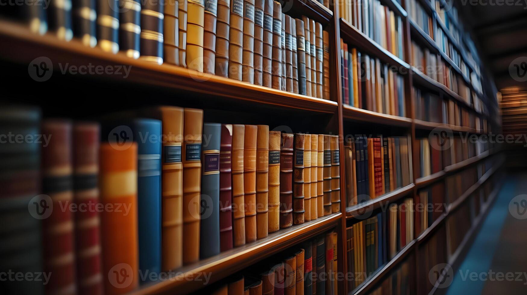 Endless shelves of knowledge, vintage books lined neatly in a grand library setting photo
