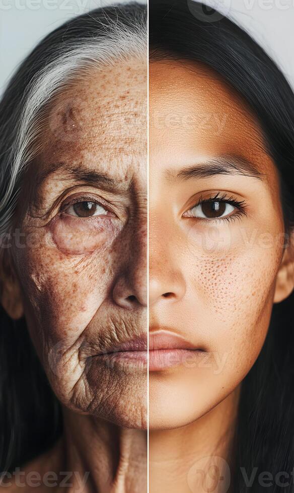 Visual representation of youth juxtaposed with age, showing the passage of time's effects photo