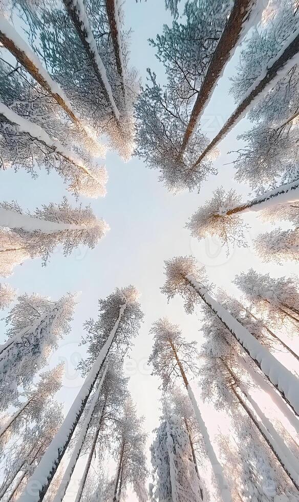 Snowy treetops creating a magical forest canopy, a winter wonderland overhead spectacle photo