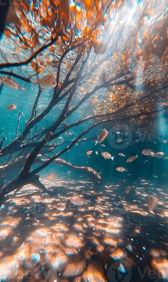 Enchanting underwater realm, tranquil mangrove forest teeming with life, creating a captivating view photo