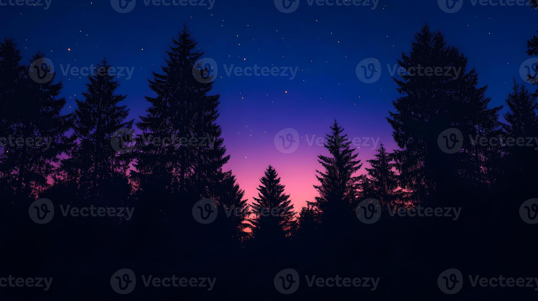 Enigmatic coniferous silhouettes under twilight sky painted with astral shimmer and gradient hue photo