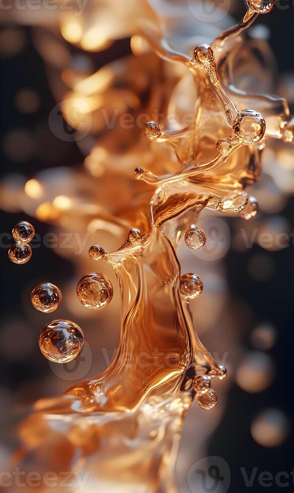 Golden elixir abstract presentation with droplets and splash for creative backgrounds photo