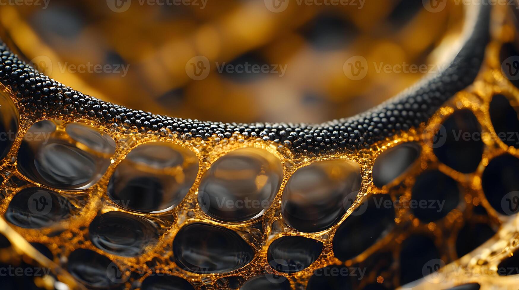 Abstract golden fractal structure with interconnected translucent spheres and dark border photo