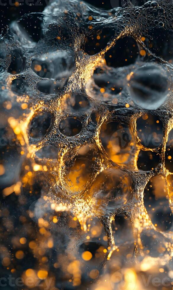 Intricate network of golden fluid amidst transparent bubbles, creating an organic texture photo